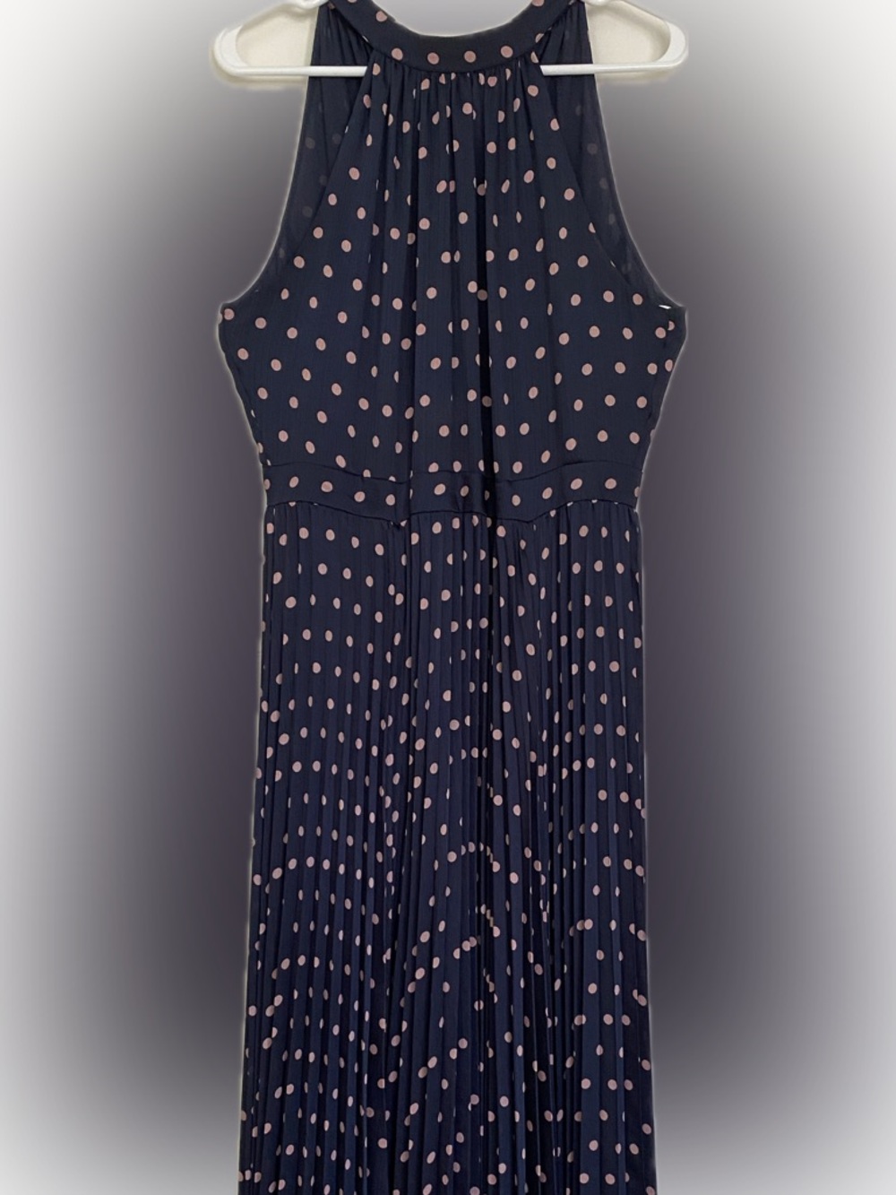 Mint Velvet Navy Halter Maxi Dress with Pink Polka Dots  US 10 NWT